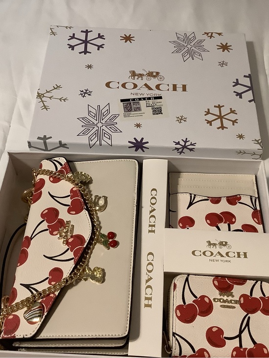 Coach Handbags - Coach Cream Leather Shoulder Bag & Cherry Print Wallet Set - Red